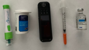 Lancet, test strips, meter, syringe, insulin